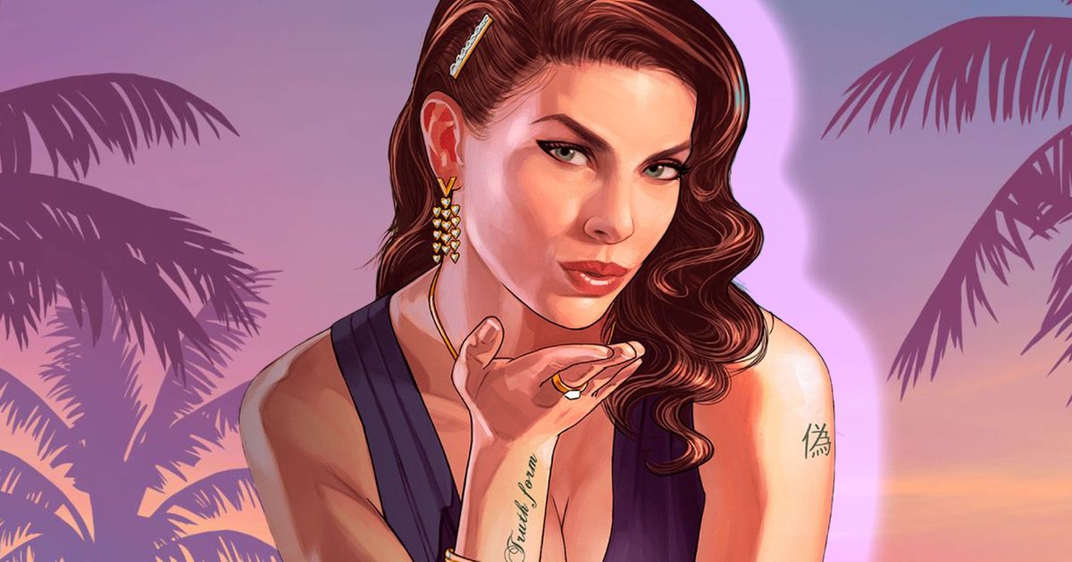 GTA VI trailer reveal background with a concept art woman surrounded by a pink outline