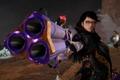 Bayonetta aiming a purple gun in Bayonetta 3