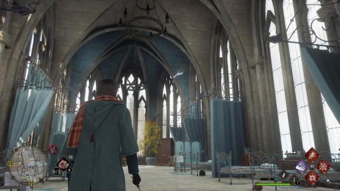 A screenshot of a player walking in the hospital wing of Hogwarts Legacy.