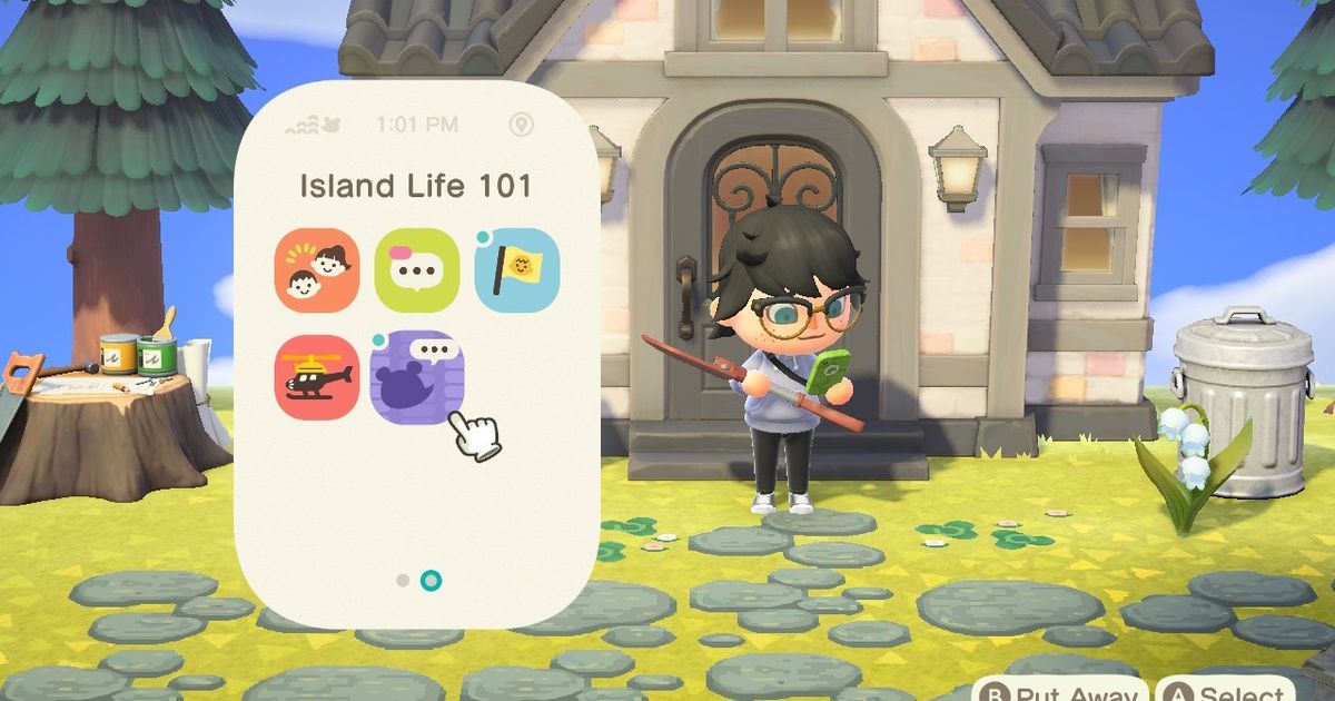 A player using the Nook Phone to view the Island Life 101 app in Animal Crossing: New Horizons.