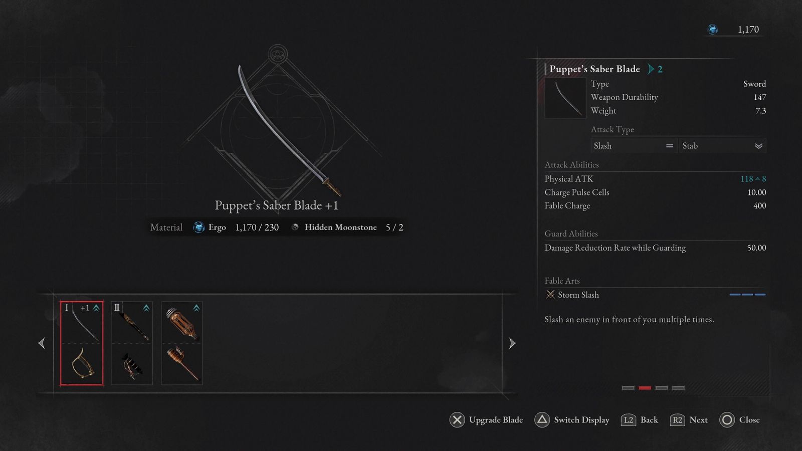 The weapons upgrade menu from Lies of P