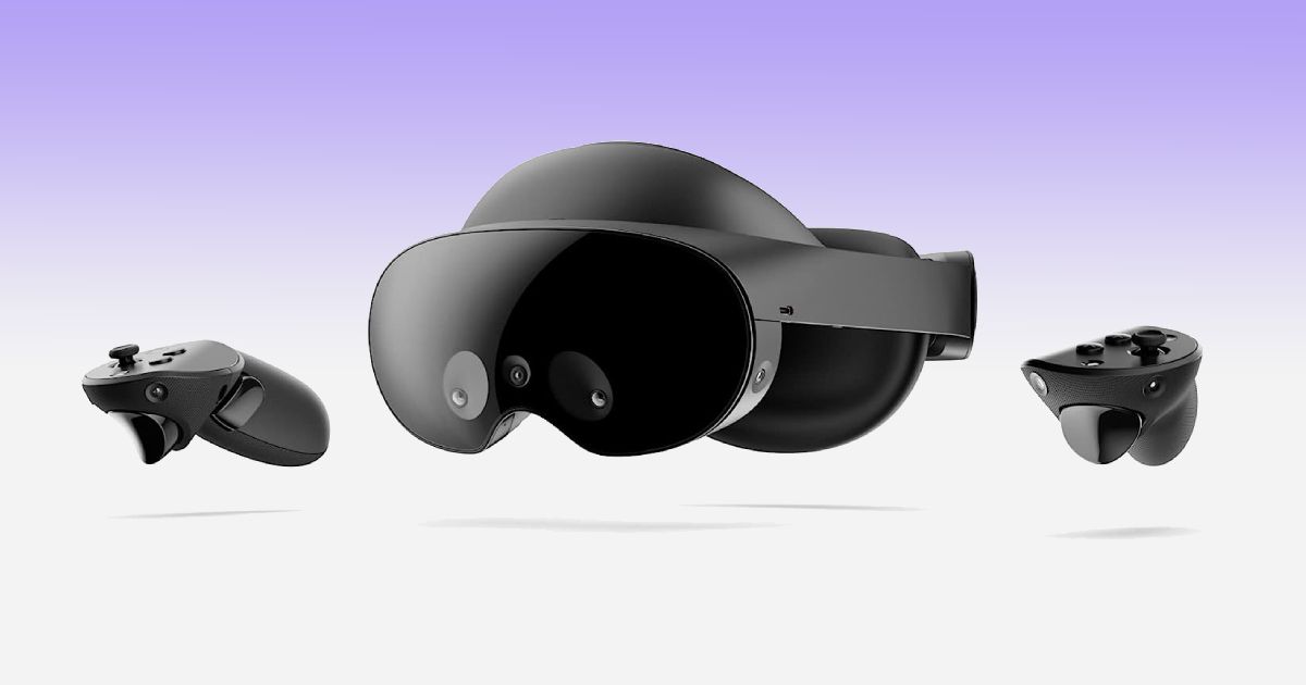 A black VR headset next to a pair of black controllers in front of a white and purple gradient background.