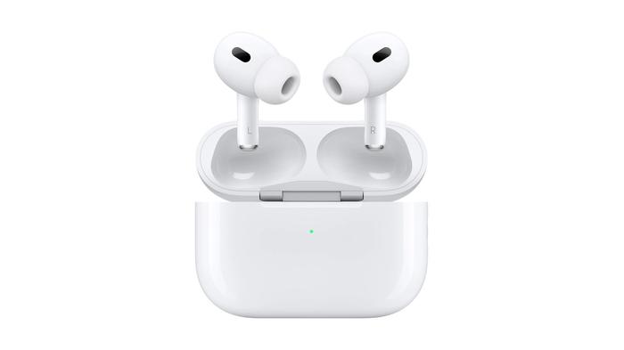 Best iPhone earbuds - Apple AirPods Pro 2 product image of two white wireless earbuds in a white charging case.