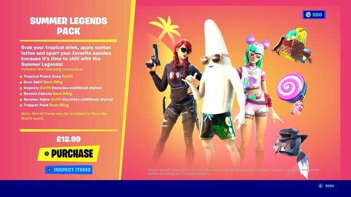 Image of the Fortnite Summer Legends Pack purchase screen.