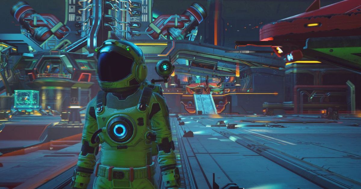 The character is on a space station in No Man's Sky.