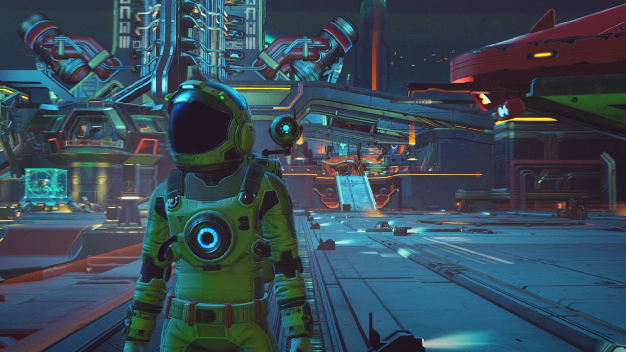 The character is on a space station in No Man's Sky.
