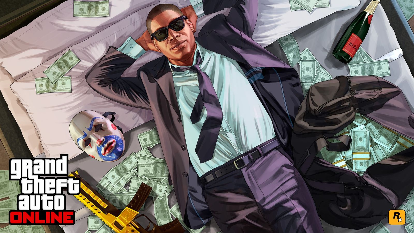 GTA Online Ill Gotten Gains official artwork. The image is of a man laying on a large bed surrounded by money. There is a clown mask on the left of the image on the bed and two guns either side of the man. 