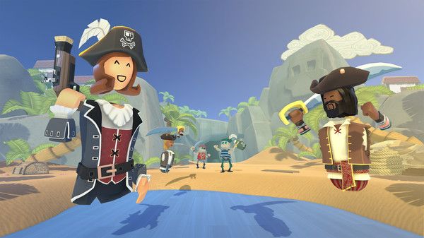 A first-person shot from Rec Room looking at two pirate characters, one in black, the other in brown clothes.