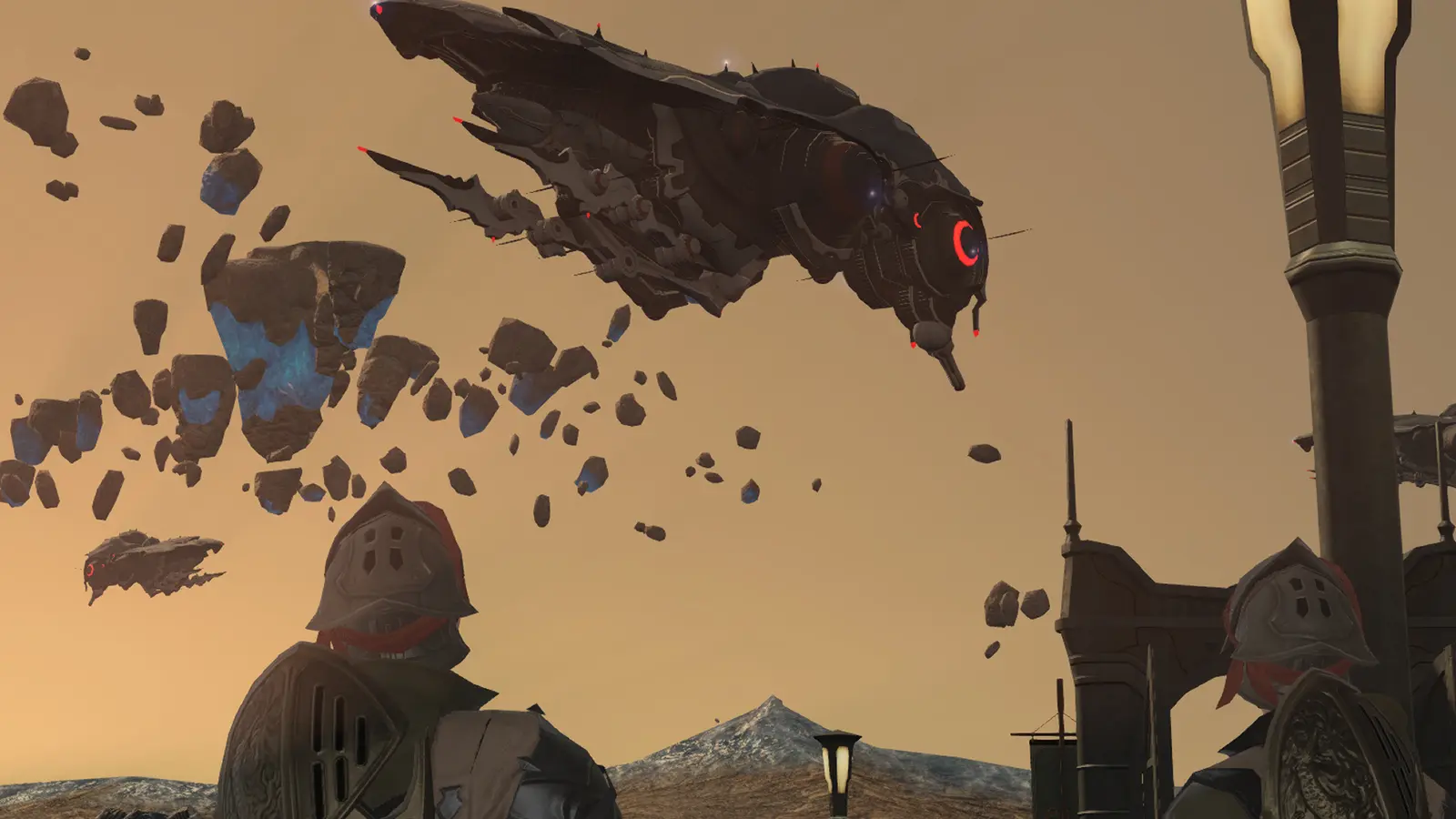 An image of Zadnor, an exploration zone involved in obtaining Relic Weapons in Final Fantasy XIV: Shadowbringers. Two helmeted soldiers look up at floating islands and enemy airships.
