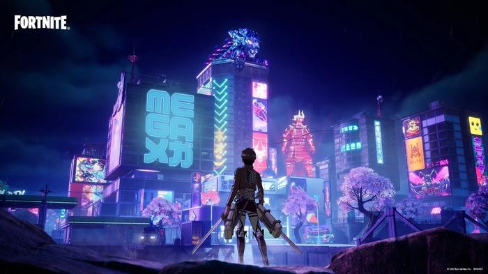 An image of Eren Yeager looking upon Neo-Tokyo in Fortnite.