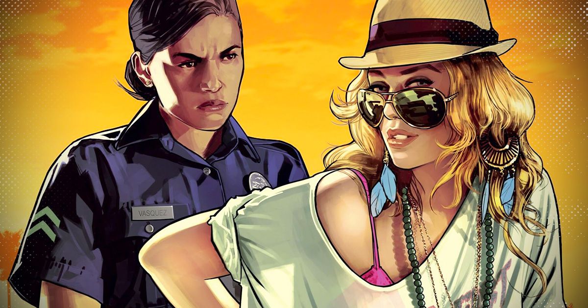 GTA 5 promotional art showing a feminine character wearing a hat and sunglasses being handcuffed by a feminine police officer.
