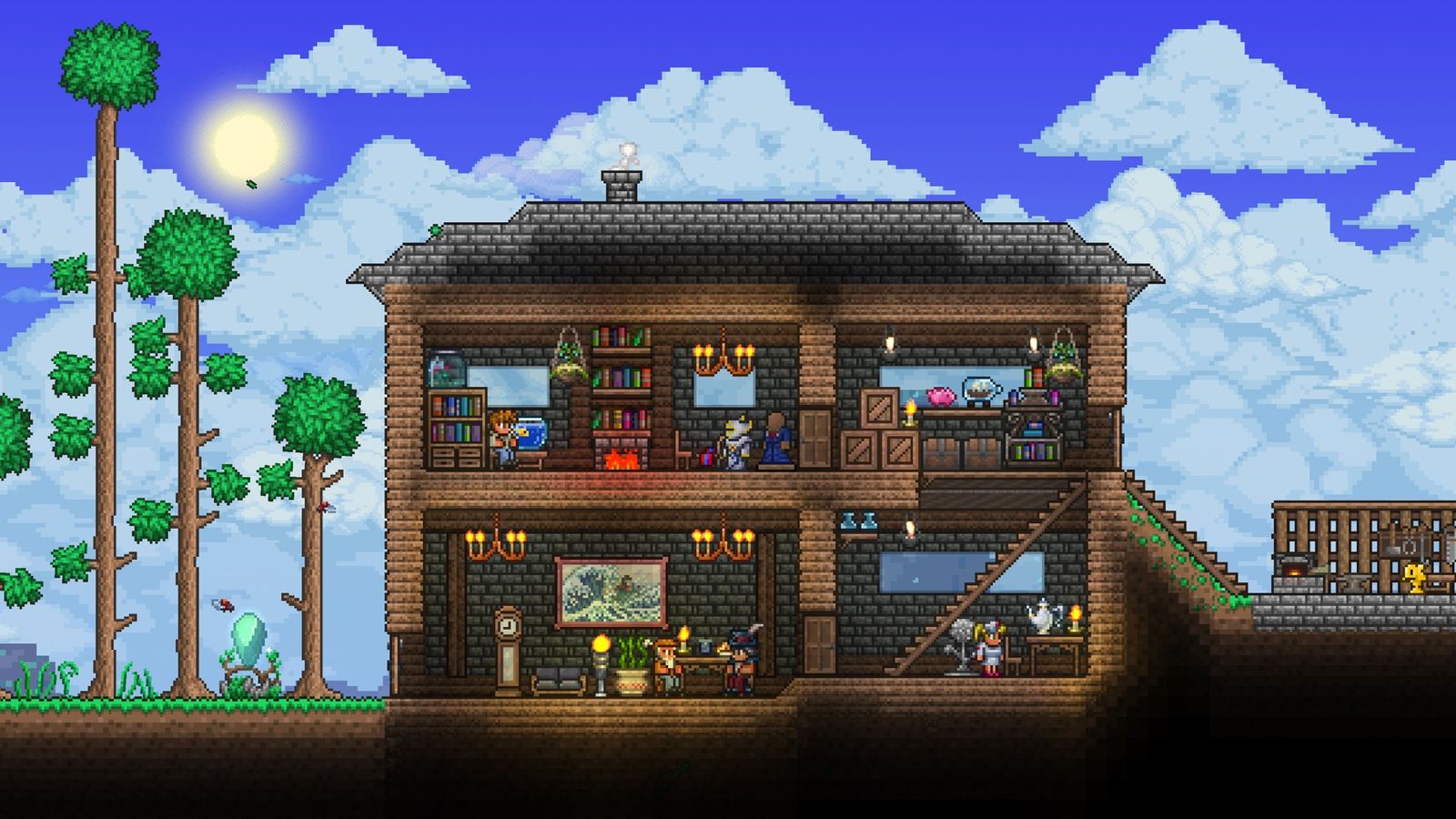 A 2D building in Terraria featuring four rooms next to three tall green trees.