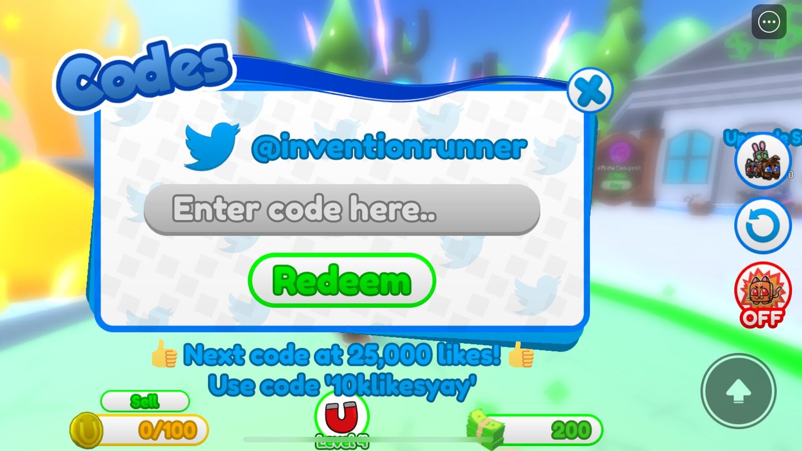 Screenshot of the Magnet Simulator 2 code redemption page.