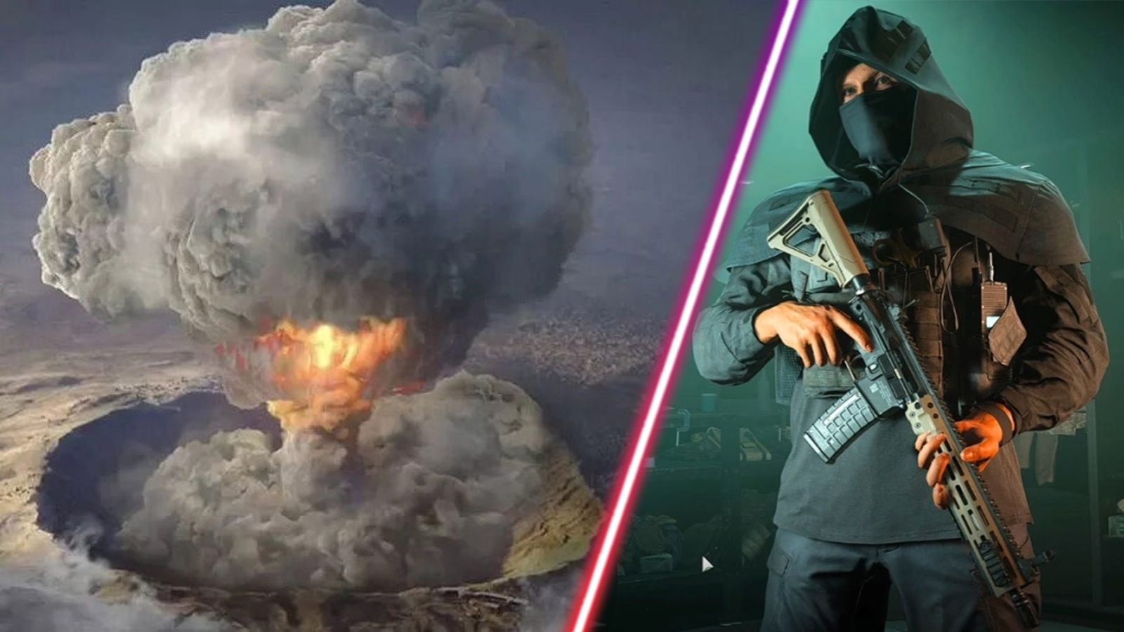 Screenshot showing Warzone 2 nuke killstreak exploding and Warzone 2 player wearing nuke skin and holding assault rifle