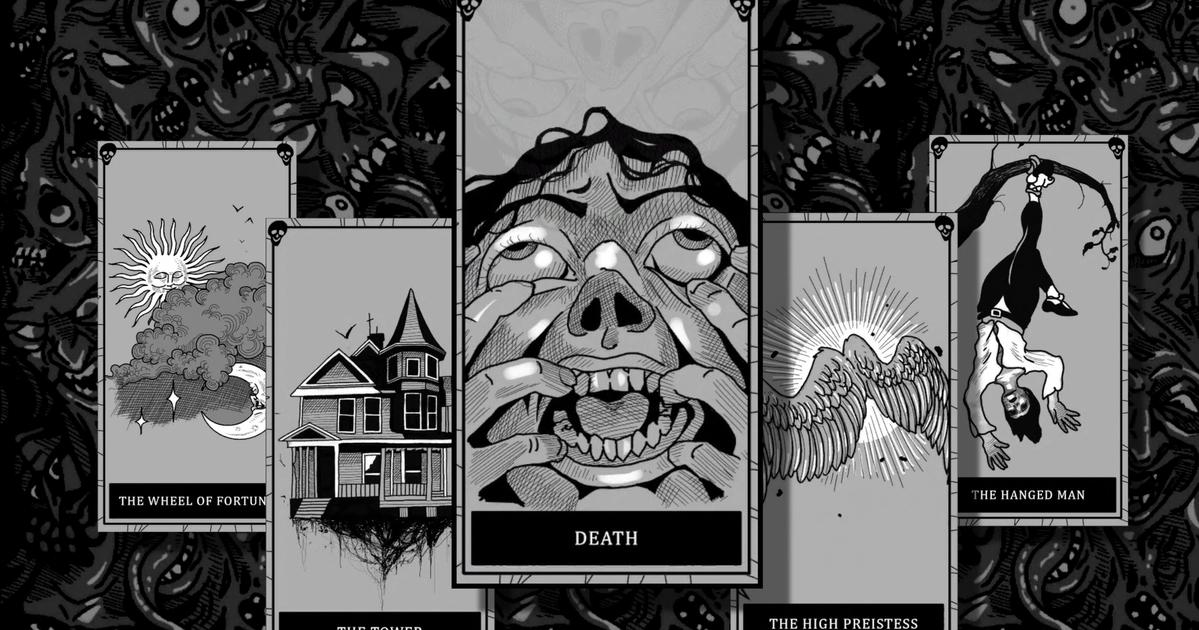 Five tarot cards from Phasmophobia - The Wheel of Fortune, The Tower, Death, The High Priestess, The Hanged Man
