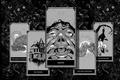 Five tarot cards from Phasmophobia - The Wheel of Fortune, The Tower, Death, The High Priestess, The Hanged Man