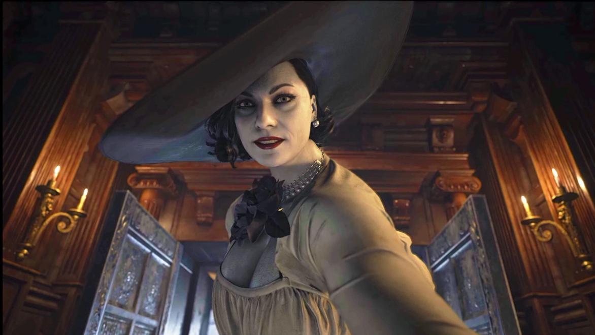 tall Lady Dimitrescu from Resident Evil Village, leaning close to the player's POV.