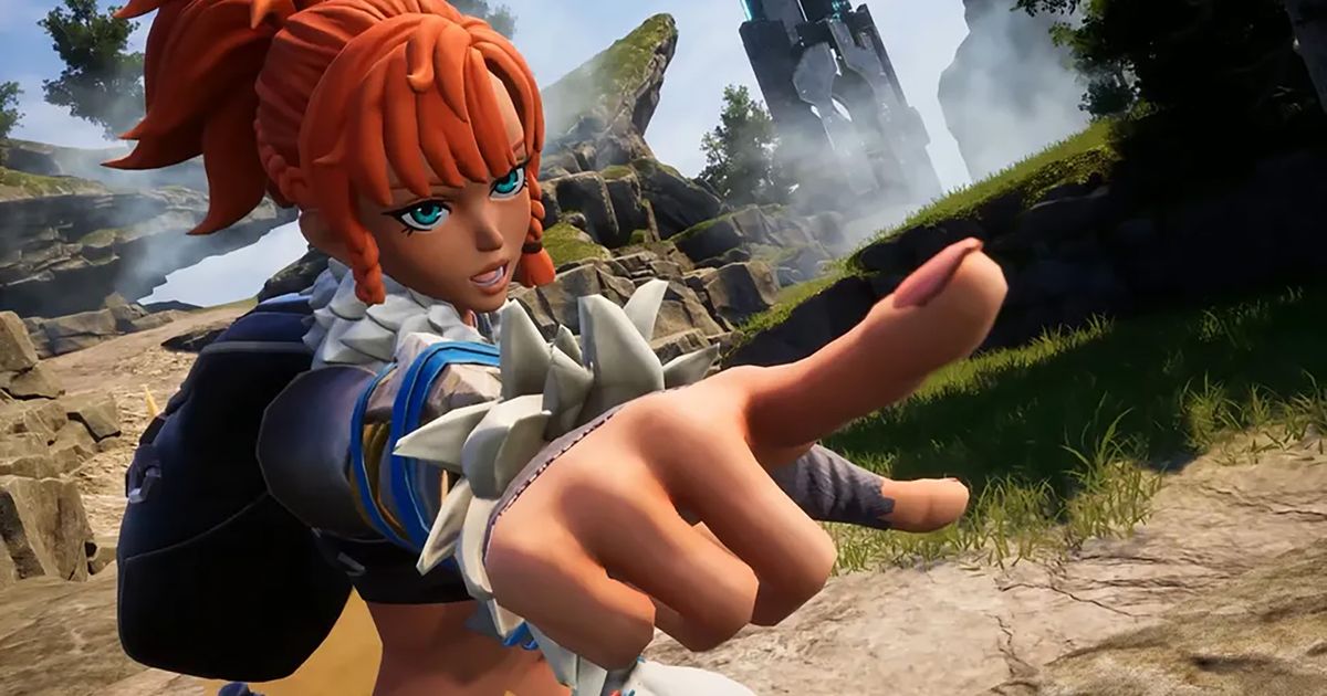 Palworld player pointing finger with rocks and building in background