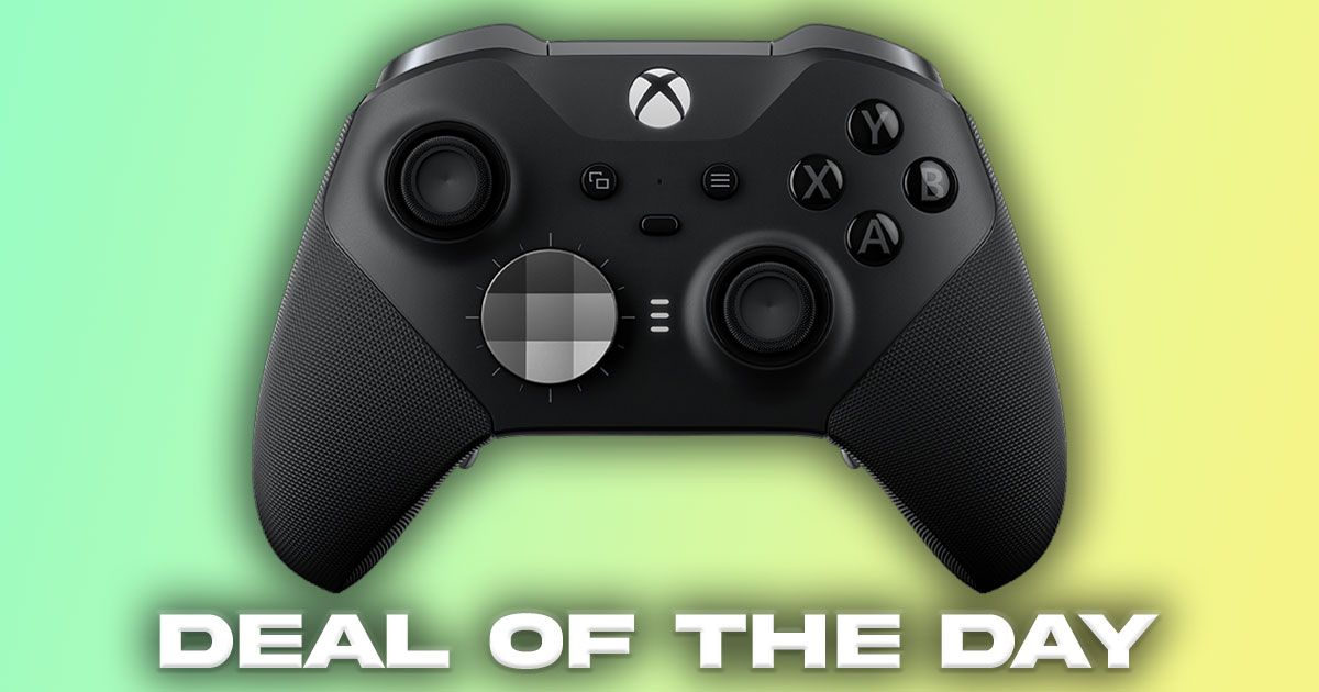 A black Xbox Elite Series 2 controller above "DEAL OF THE DAY" branding while sat in front of a gradient green and yellow background.