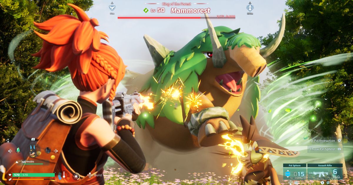 A character in Palworld with orange hair firing a weapon at a green and brown Mammorest Pal.