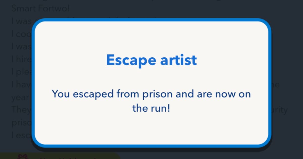 Screenshot from BitLife, showing the escape prison confirmation page
