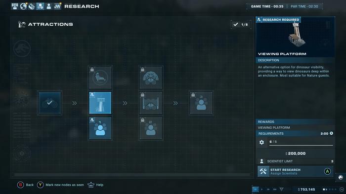 The research menu for a viewing platform in Jurassic World Evolution 2. The menu is showing that the research is ready to begin as there is enough money and the scientist requirement is filled to 6/5.