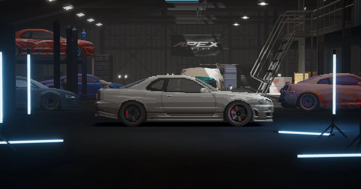 A grey car sitting in a garage in Apex Racer.