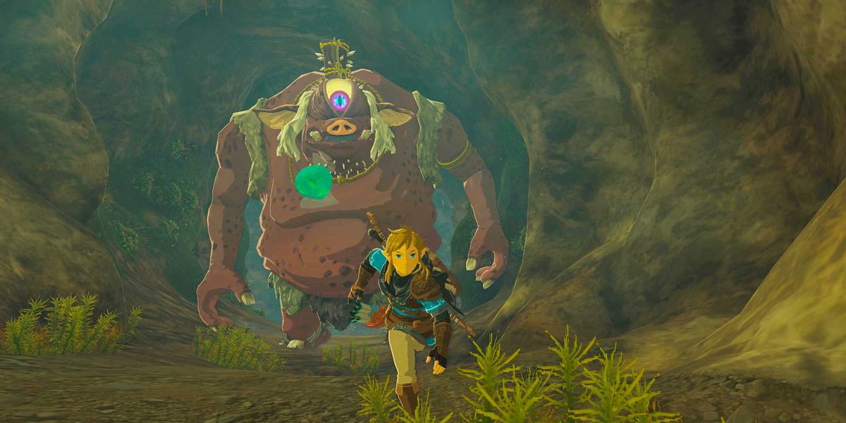 Link running from a cave troll in Zelda Tears of the Kingdom.