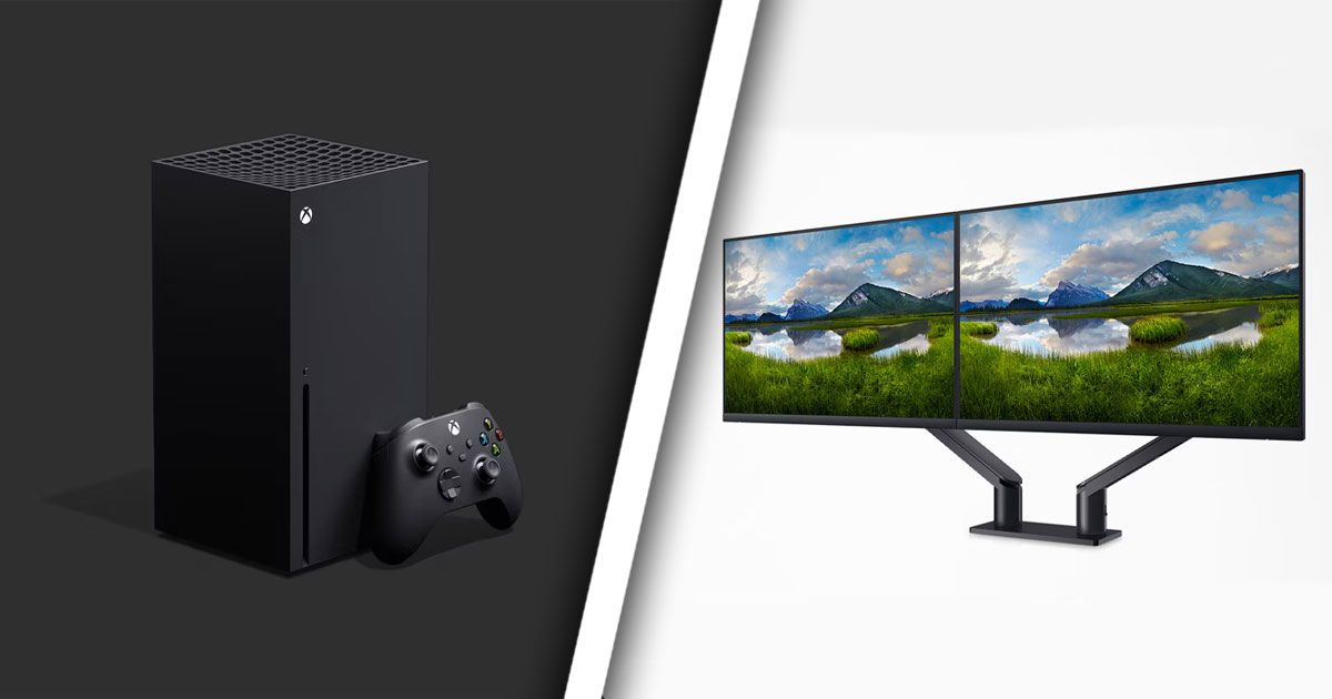 A black Xbox Series X with a controller leaning against it on one side of a white line. On the other, a black pair of monitors side-by-side with the same lake and mountain image on their displays.