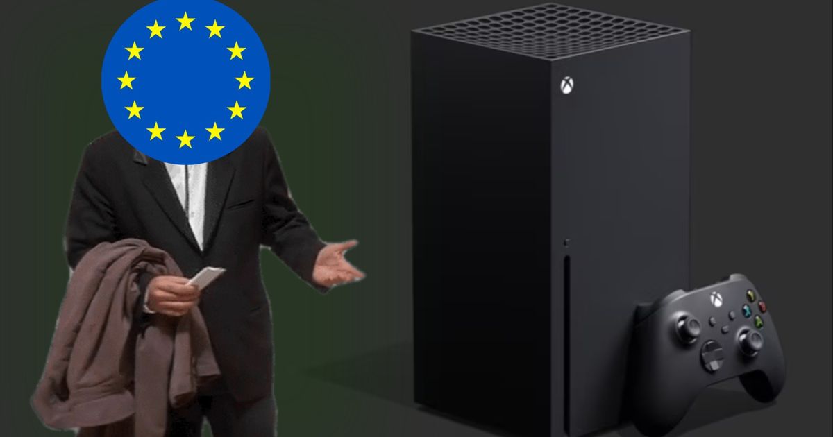 A man stands in a confused pose near an Xbox Series X console. His head has been substituted for the European flag.