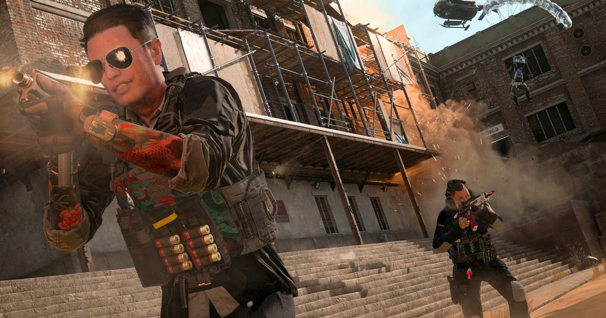 Warzone players firing guns with parachuting player landing in background