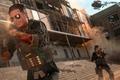 Warzone players firing guns with parachuting player landing in background