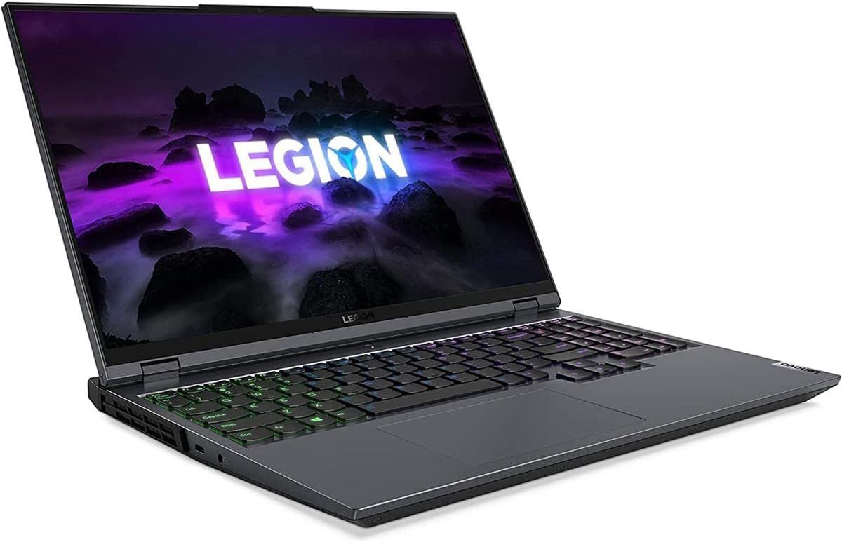 Lenovo Legion 5 product image of a black laptop featuring multicoloured backlit keys and purple and pink branding on the display.