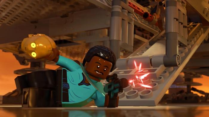 LEGO Star Wars The Skywalker Saga Lando Calrissian holding the head of C3PO as he uses his blaster