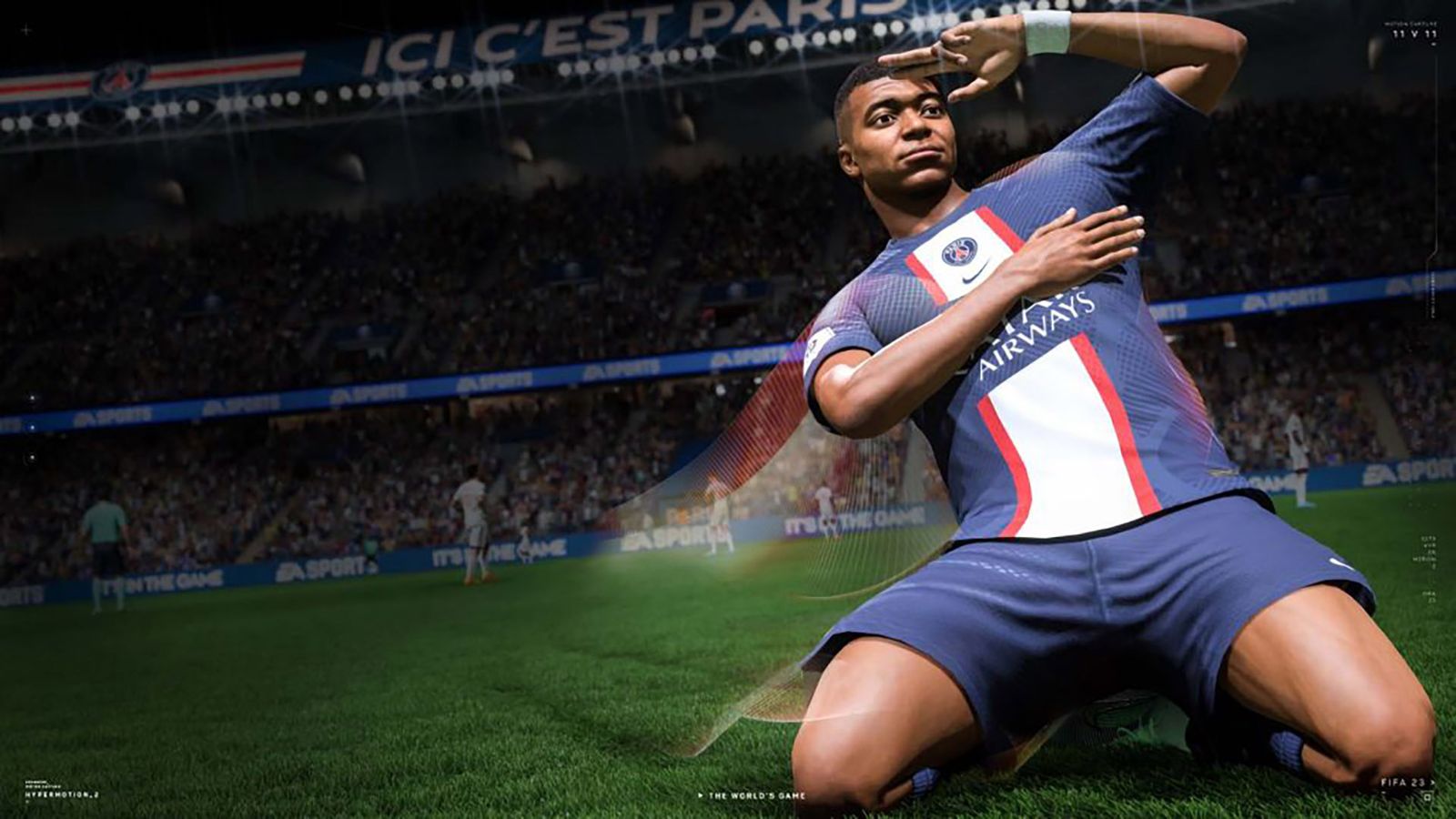 Screenshot of EA Sports FC Kylian Mbappe sliding on the pitch
