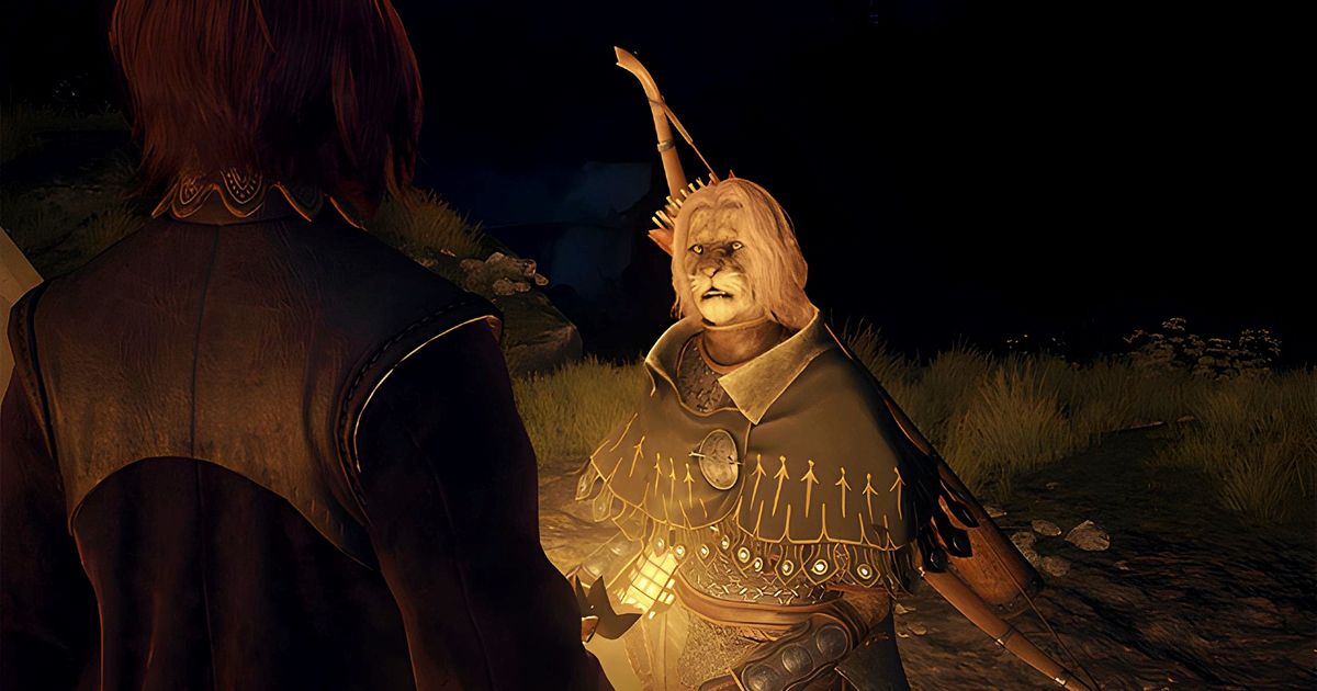 Dragon's Dogma 2 - cat person with a bow talking to a brown-haired person with their back to the camera