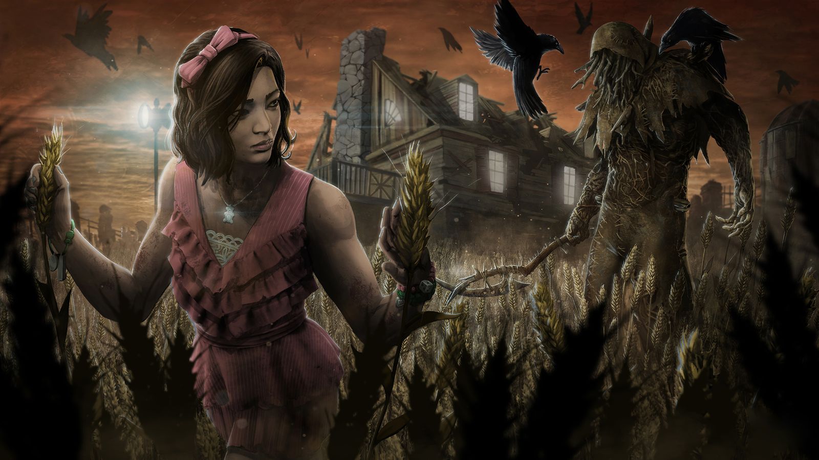 Concept art of a killer and a survivor in a wheat field in Dead by Daylight