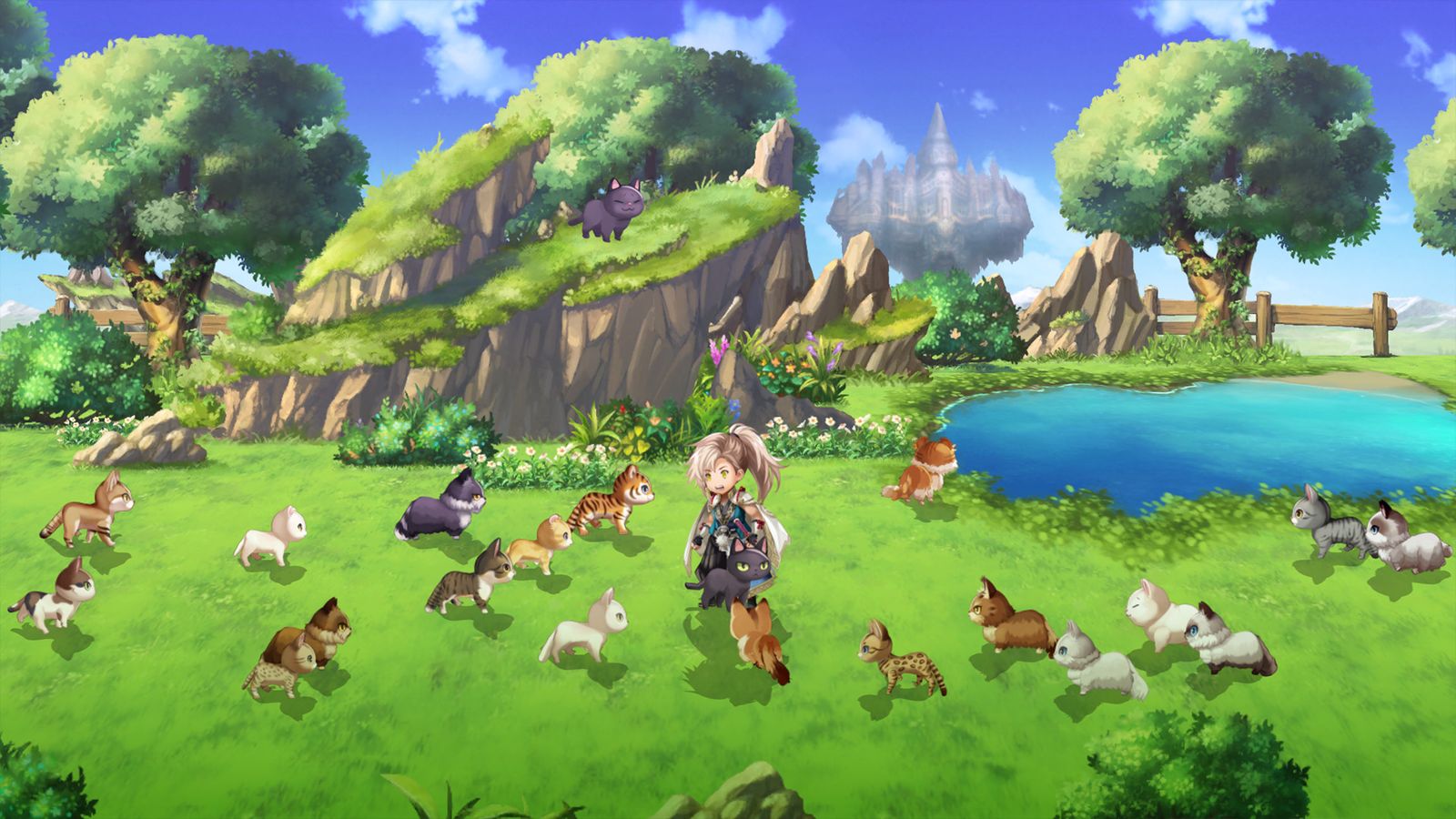 Screenshot from Another Eden, showing a sprite walking through a green field