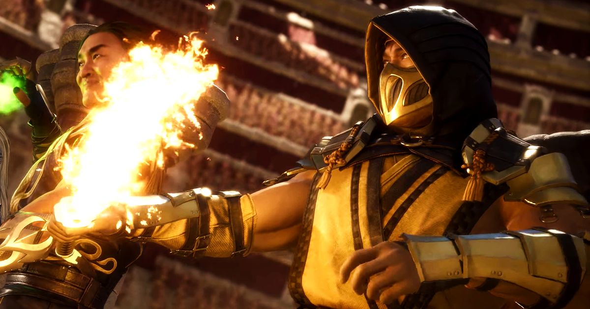 Mortal Kombat Onslaught man in a mask and hood with a flaming weapon in his hand