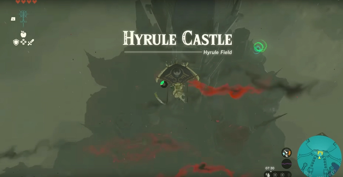 Tears of the Kingdom link gliding into Hyrule castle from above