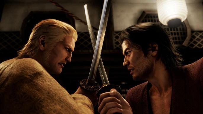 Two characters are fighting in Like a Dragon: Ishin.