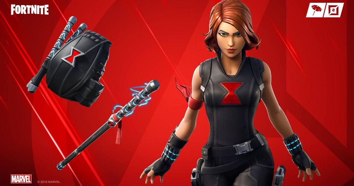 Black Widow outfit and Widow's Bite pickaxe in red background