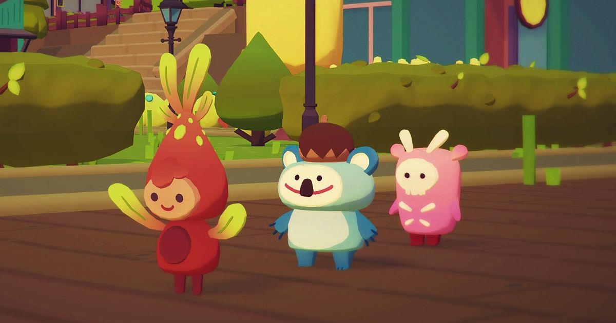 Three ooblets stood in a line on a pathway, with trees in the background