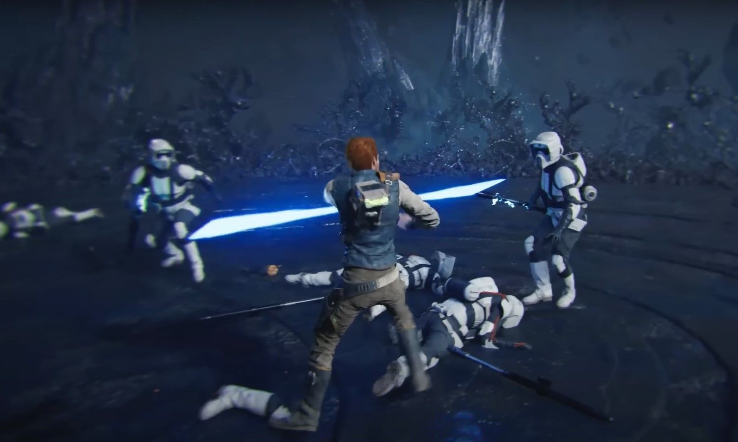 Cal Kestis fighting Scout Troopers in Star Wars Jedi Survivor.