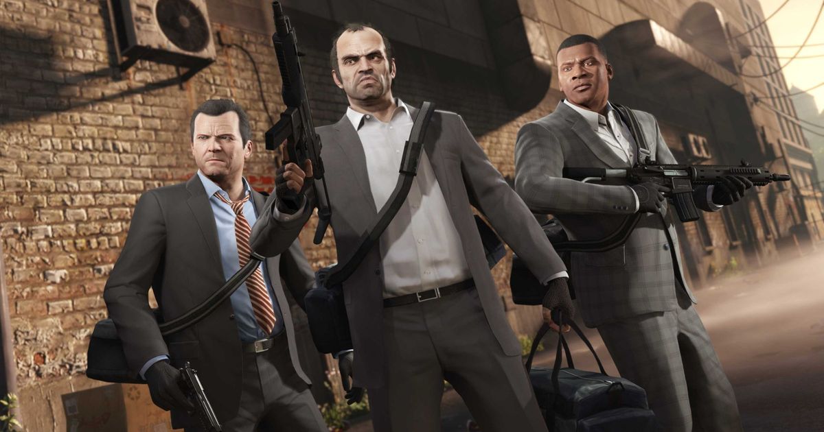 GTA V protagonists Trevor, Michael, and Franklin getting ready for a heist