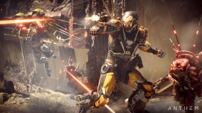 The character shooting a wrist rocket in Anthem.