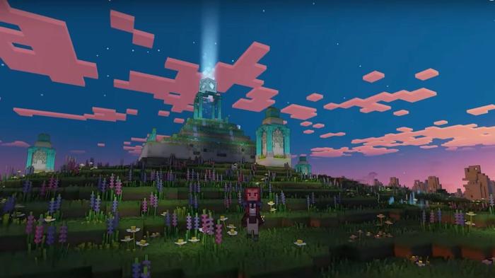 A glowing light in the sky around a battlefield in Minecraft Legends.