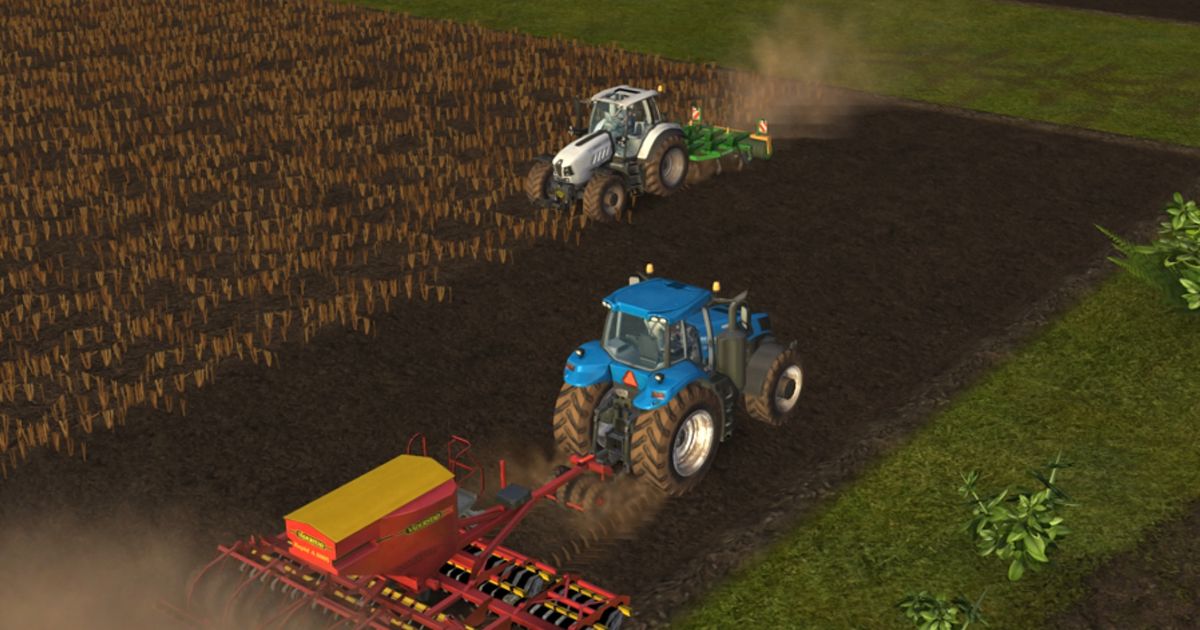 Screenshot from Farming Simulator, with two tractors ploughing fields