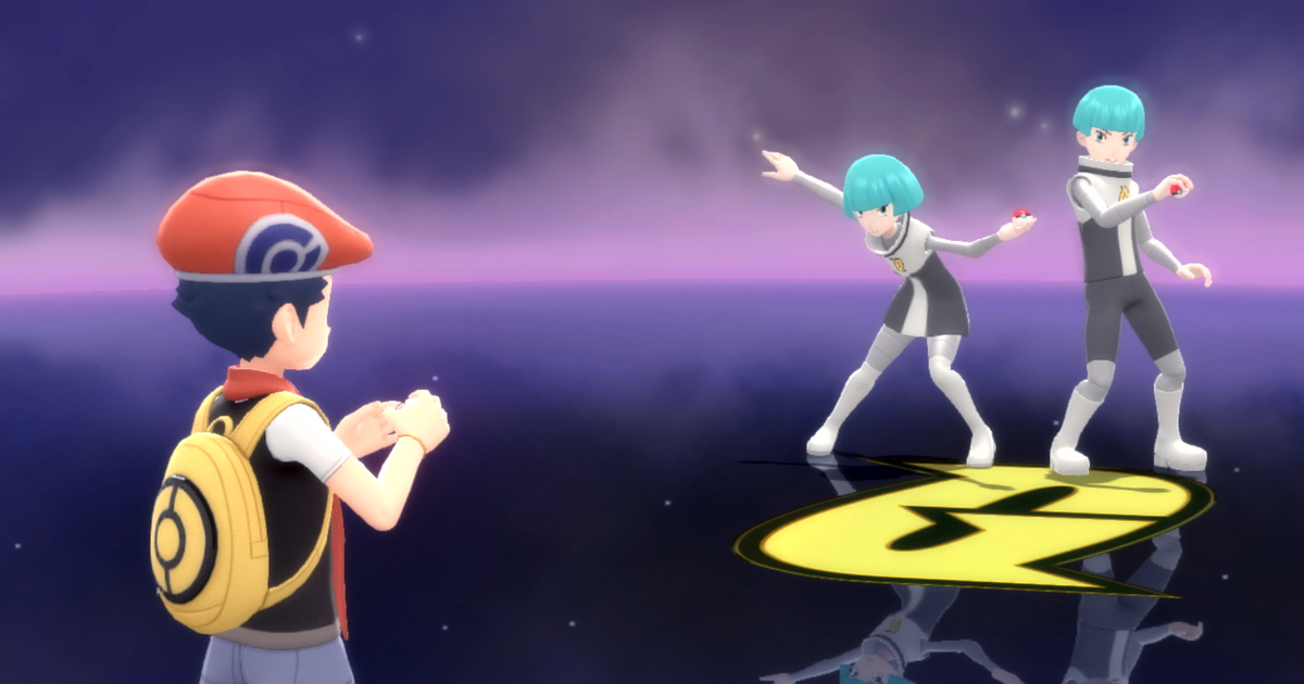 A Pokémon Trainer about to battle with a duo of Team Galactic Grunts in Pokémon Brilliant Diamond and Shining Pearl.