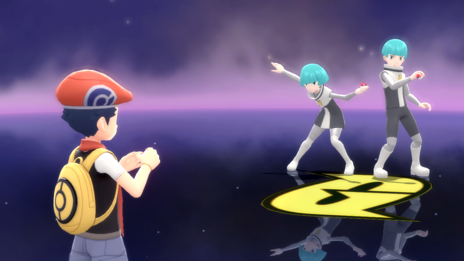 A Pokémon Trainer about to commence in battle with a duo of Team Galactic Grunts in Pokémon Brilliant Diamond and Shining Pearl.